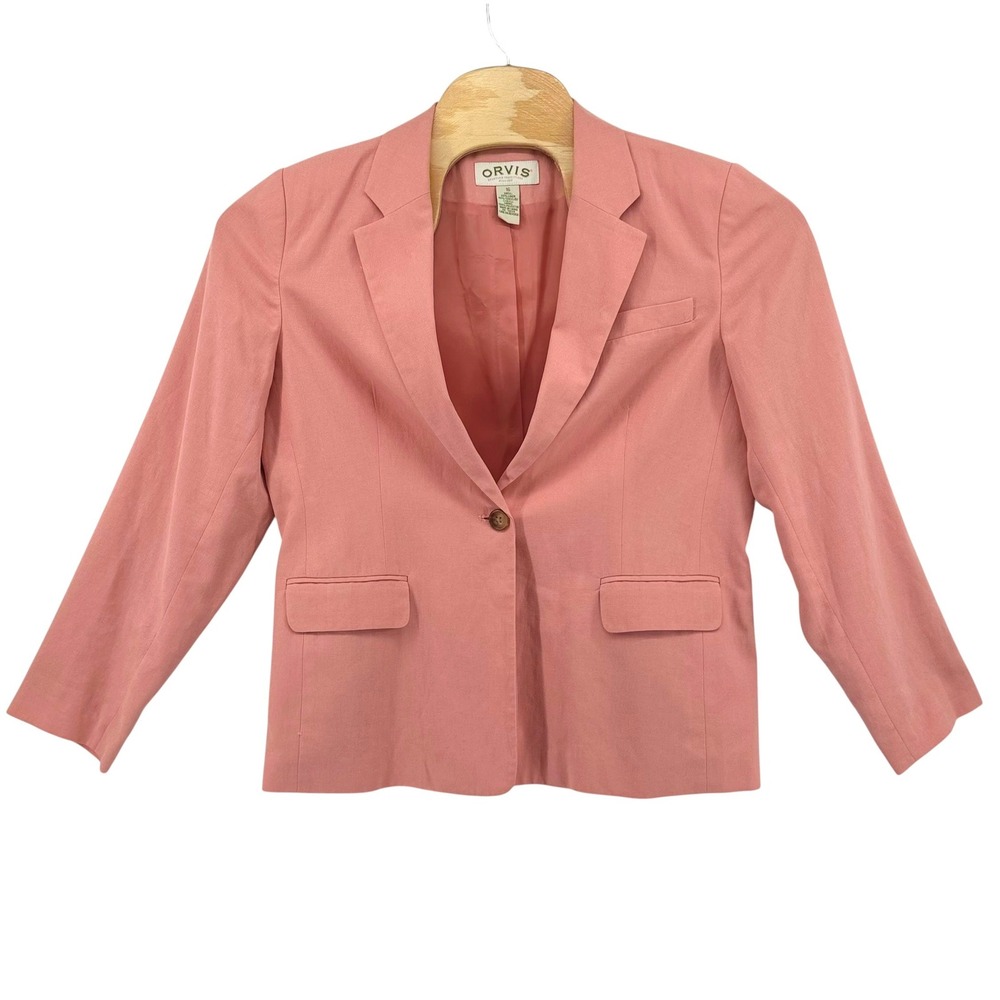 Orvis Womens Pink Linen Tencel Blend One Button Blazer Jacket Size 16 Office